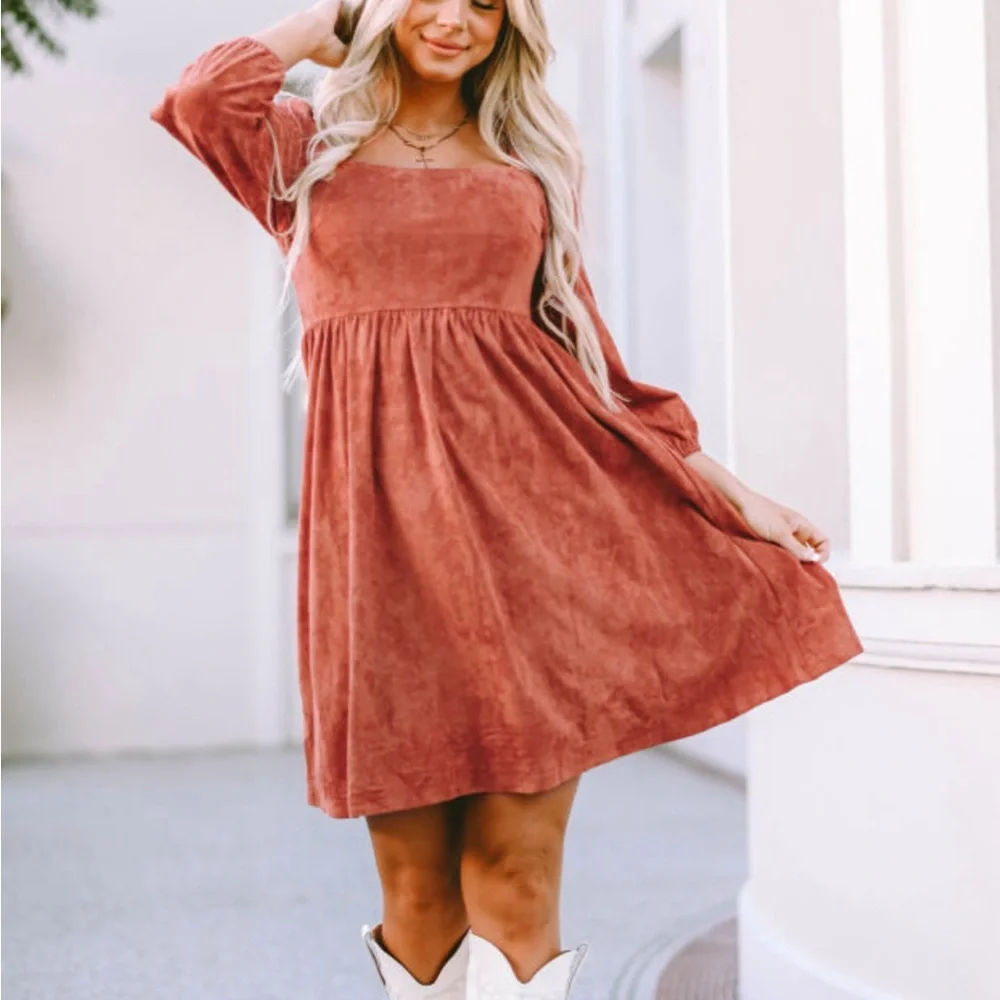 *Host Pick!๐ Brown Boho Suede Square Neck Mini Swing Dress with Square Neckline - Picture 1 of 15